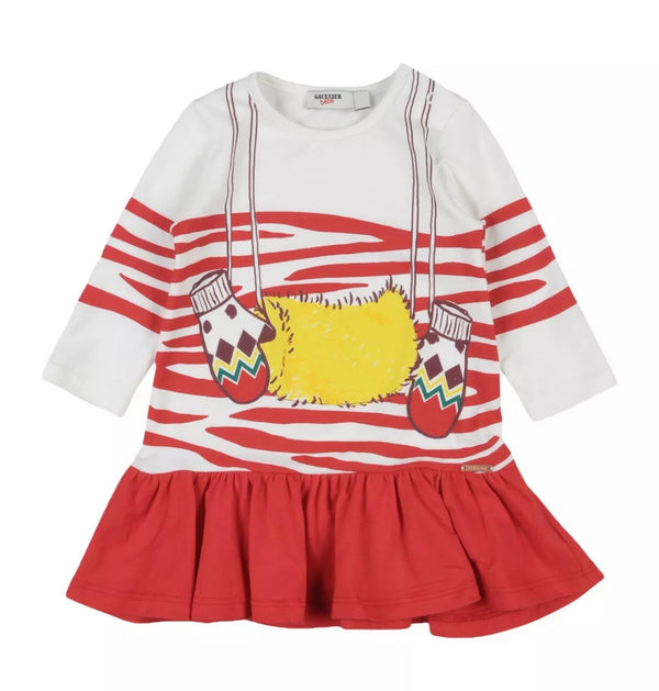 GAULTIER BEBE Girls red/ Ivory Dress With Mittens Pattern